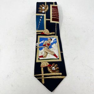 The Saturday Evening Post Men’s Necktie 100% Silk Vntg Baseball Navy Blue
